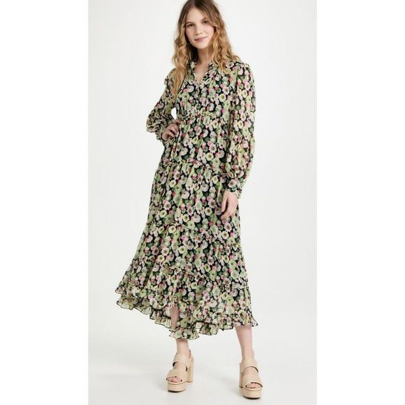 Cinq à Sept Women's Long Puff Sleeve Lucille Tiered Floral Midi Dress Green - Picture 1 of 12